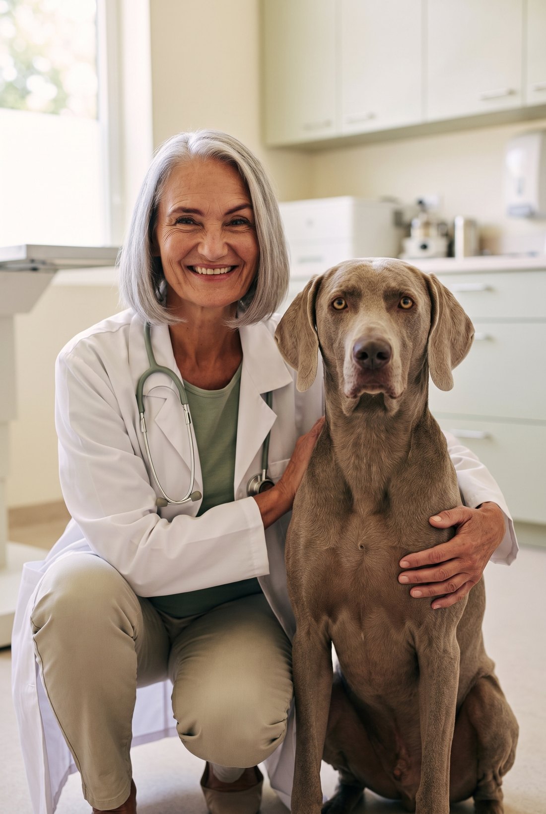 Dr Eleanor Hayes in her practice with a Weimaraner
