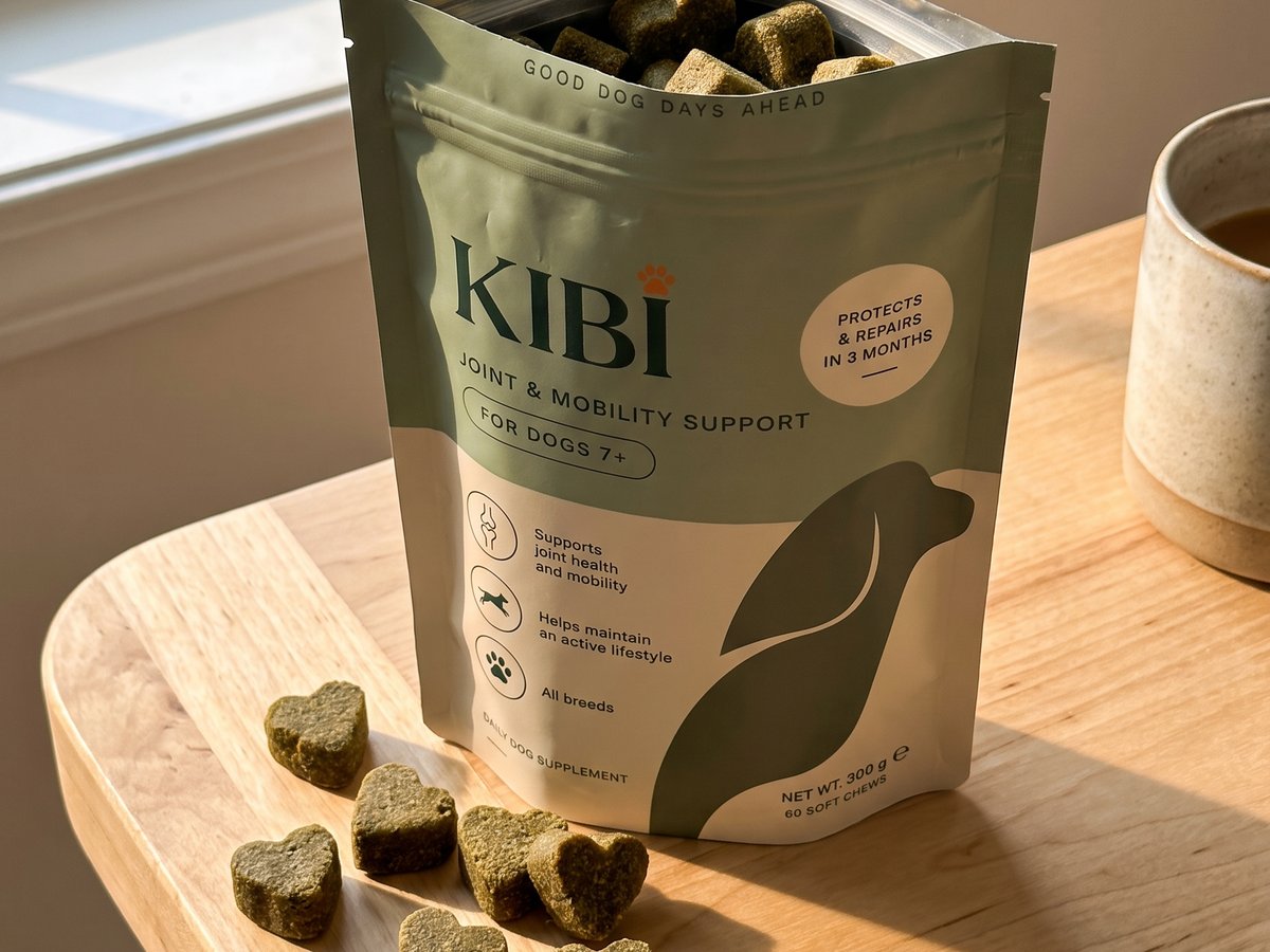 KIBI pouch and soft chews on a kitchen table