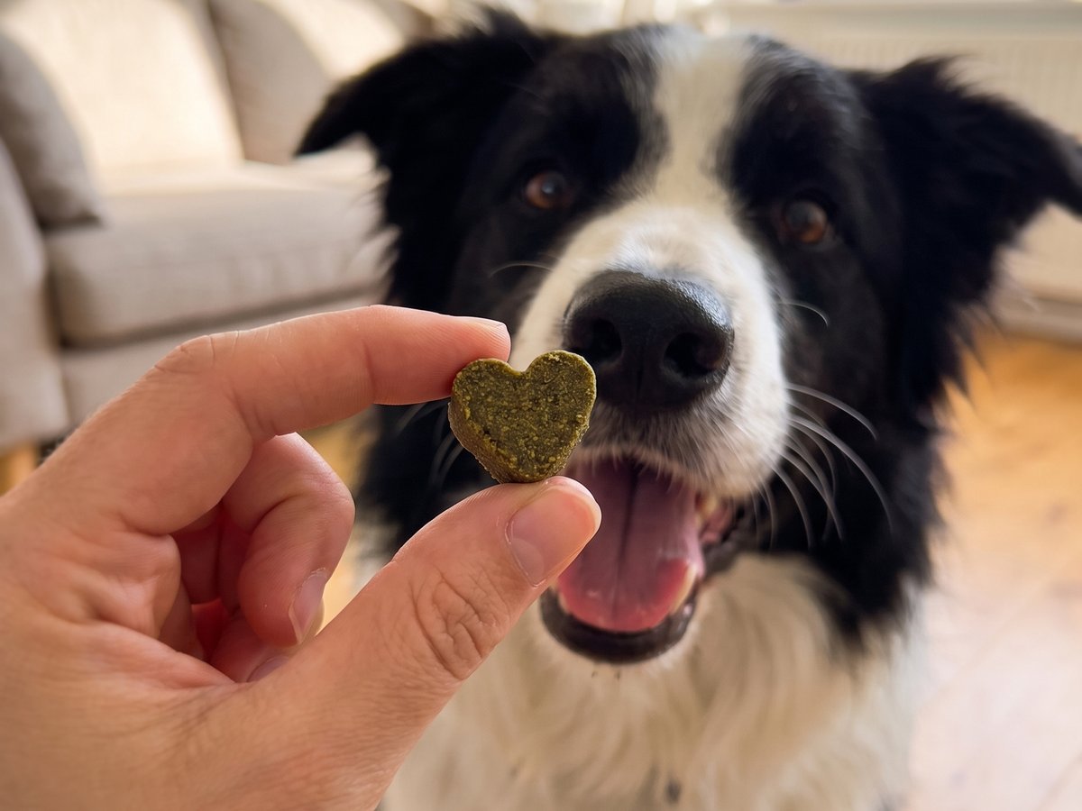 A hand offering a KIBI soft chew to a dog